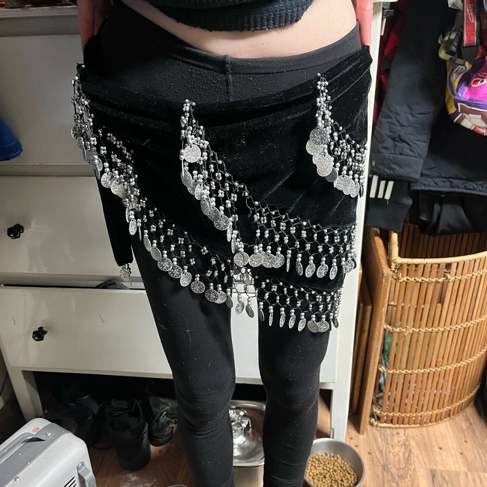 Black Belly Dancing Skirt with Silver tone Coins